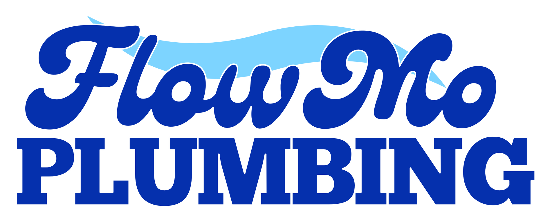 The logo for flow mo plumbing is blue and white with a wave in the background.