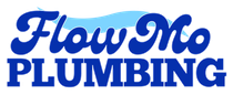 The logo for flow mo plumbing is blue and white with a wave in the background.