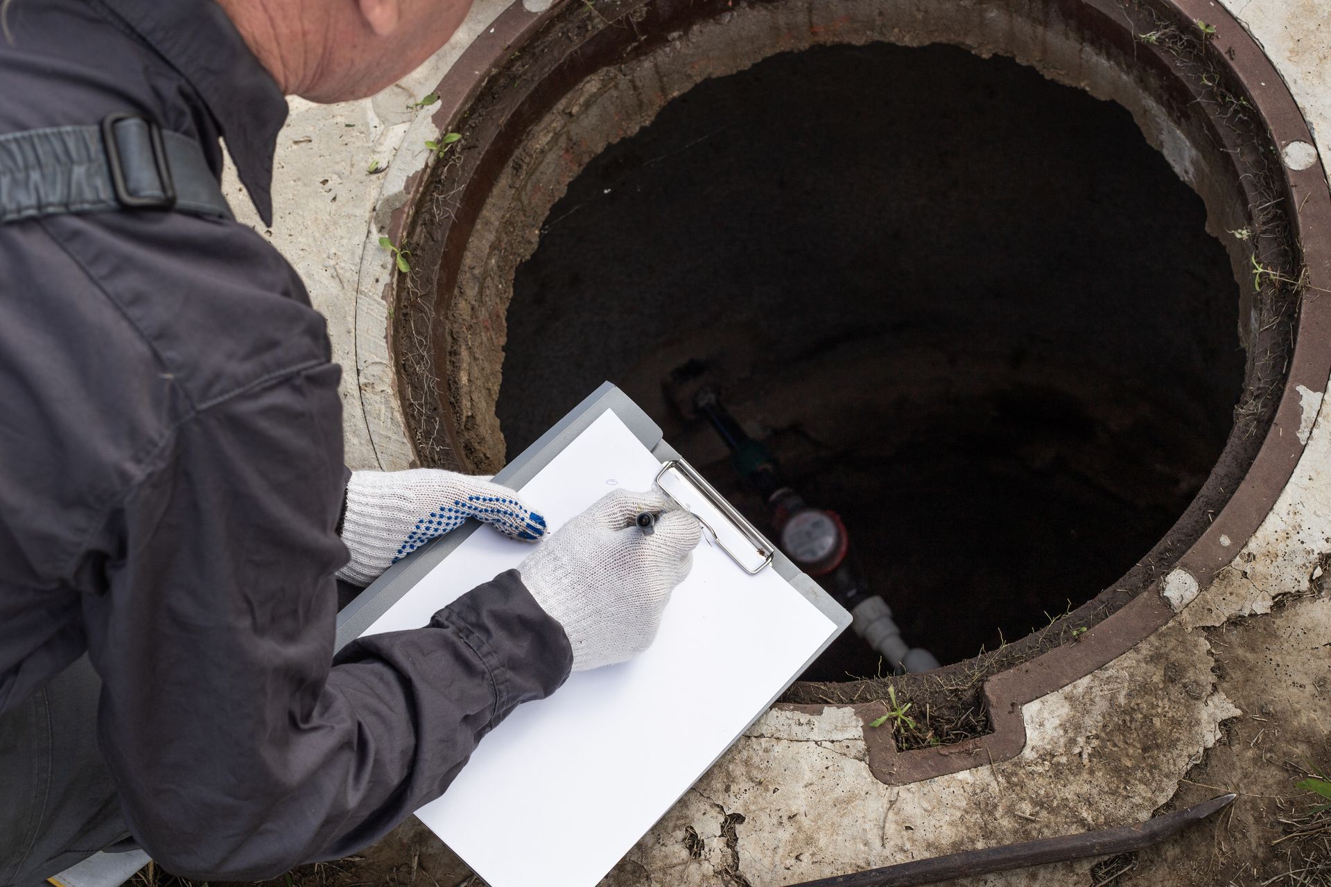 A man is writing on a clipboard in front of a manhole cover.