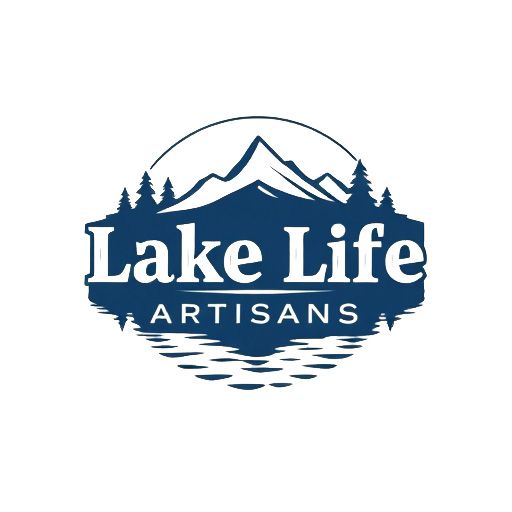 The logo for lake life artisans shows a lake surrounded by mountains and trees.