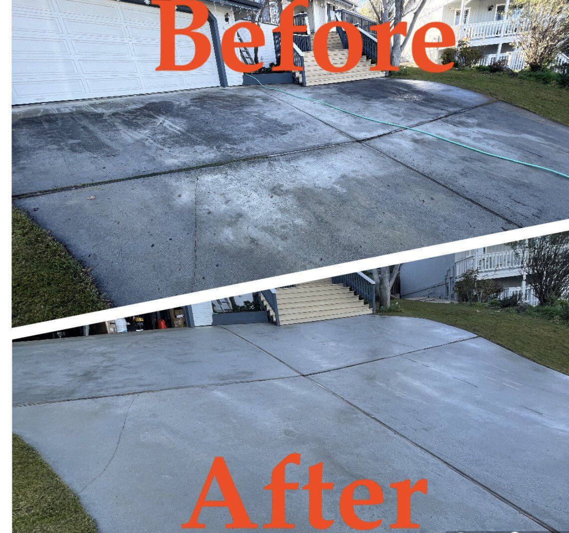 A before and after photo of a concrete driveway