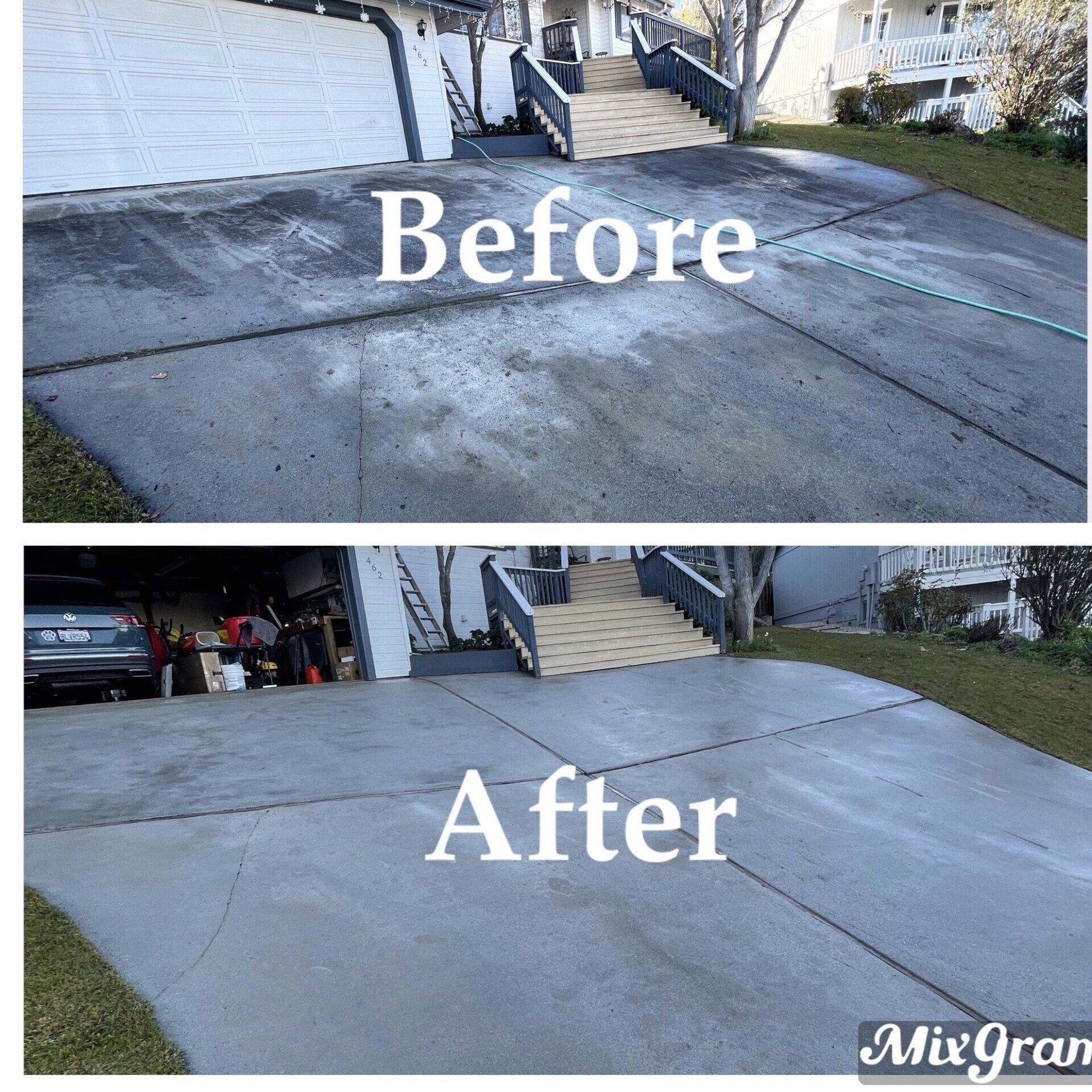 A before and after photo of a concrete driveway