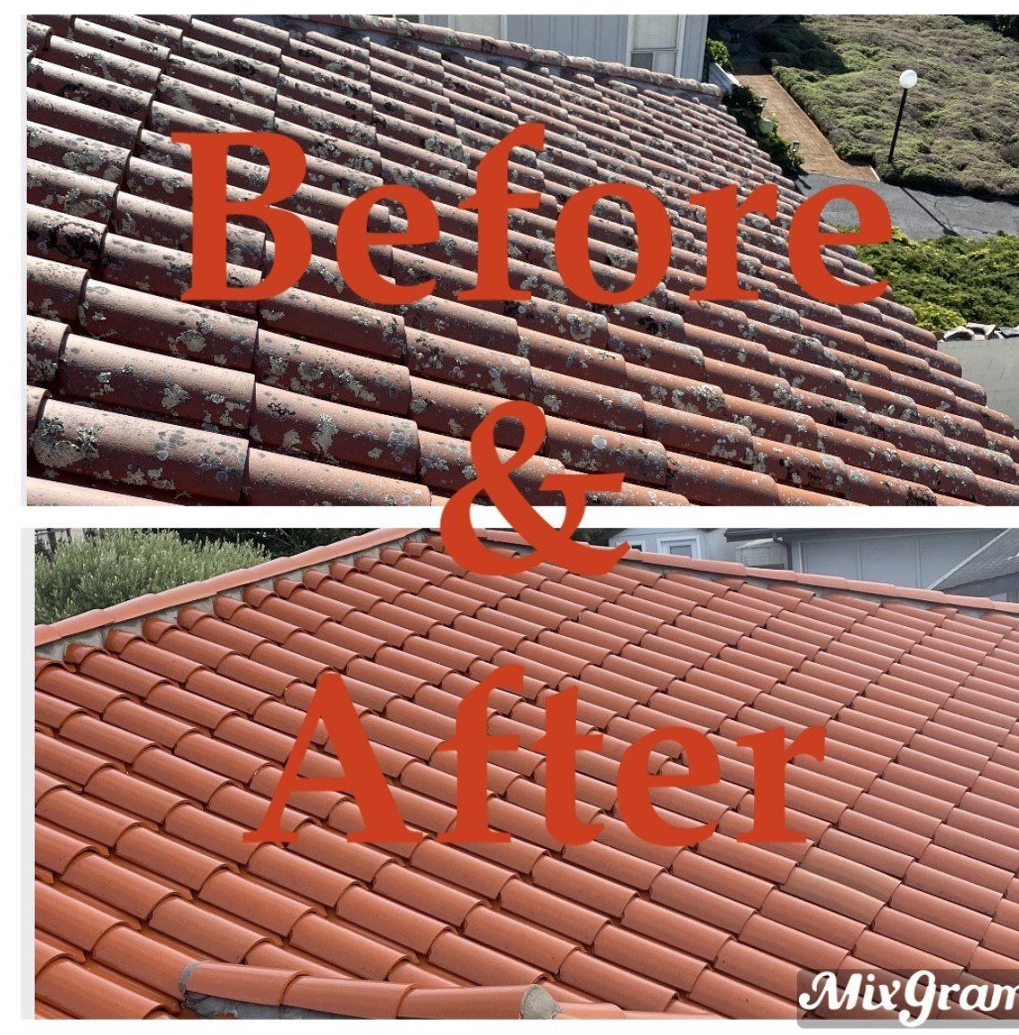 A before and after photo of a tiled roof