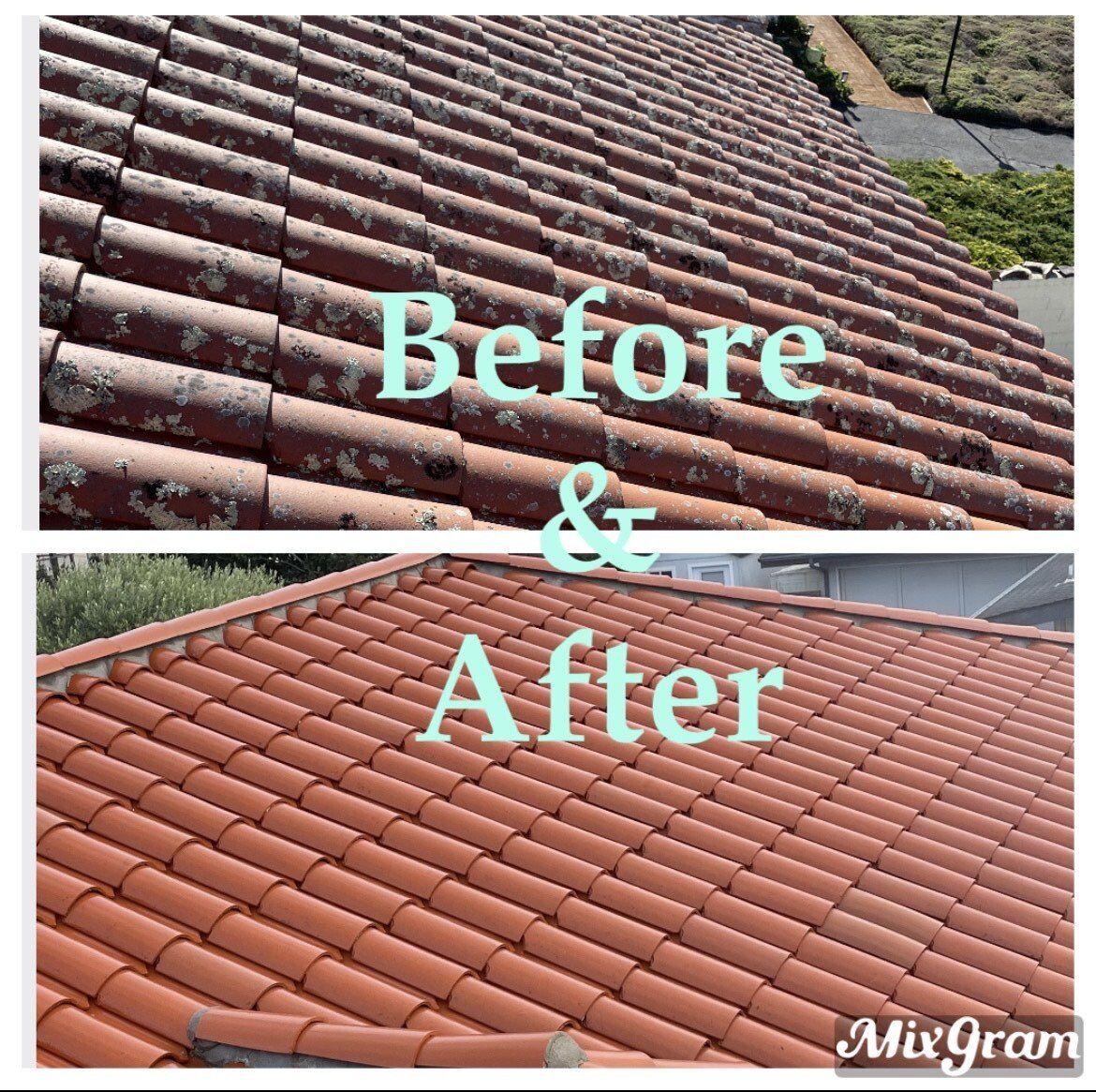A before and after picture of a tiled roof.