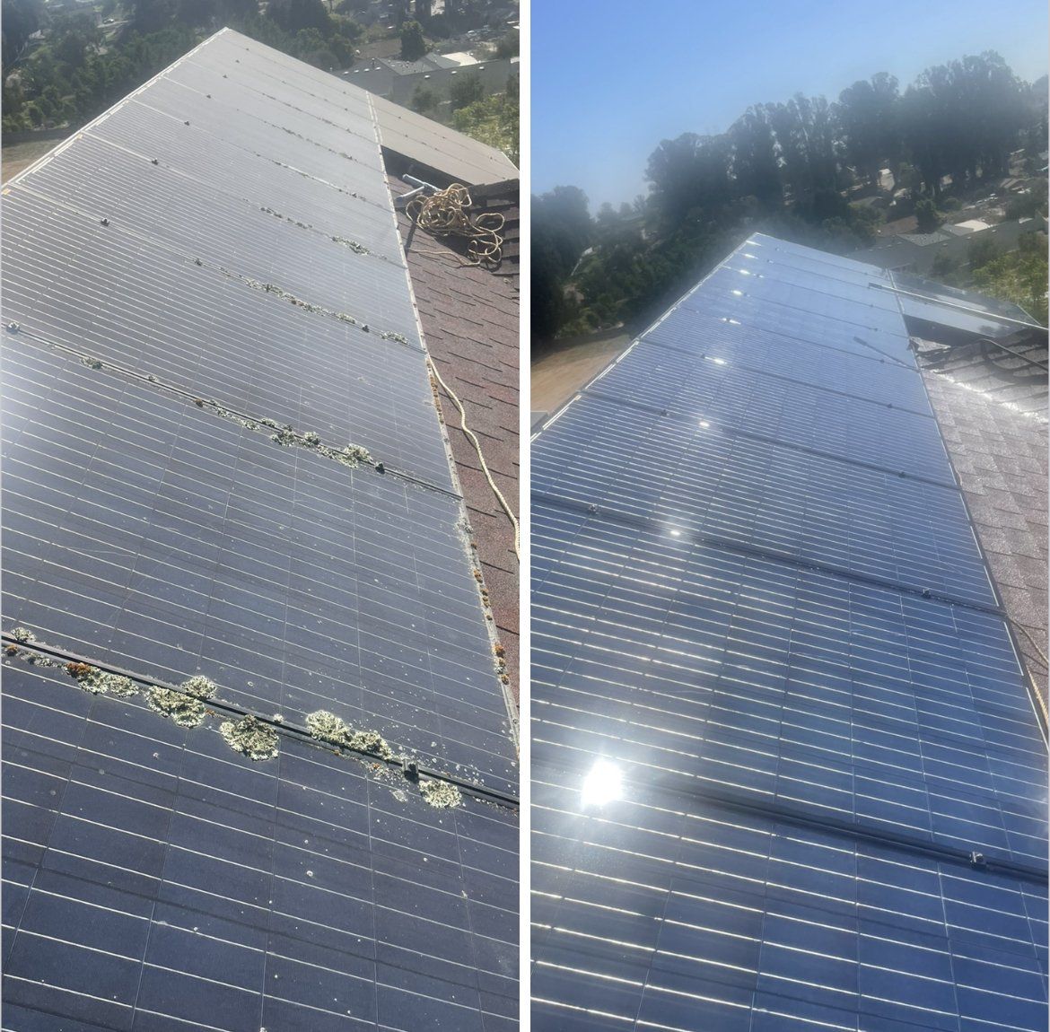 A before and after picture of a solar panel on a roof.