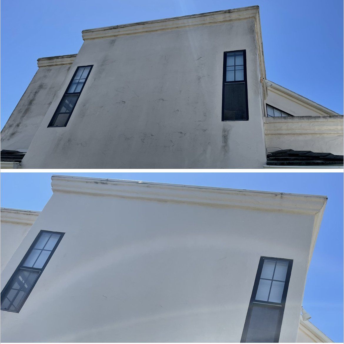 A before and after picture of a building with black windows