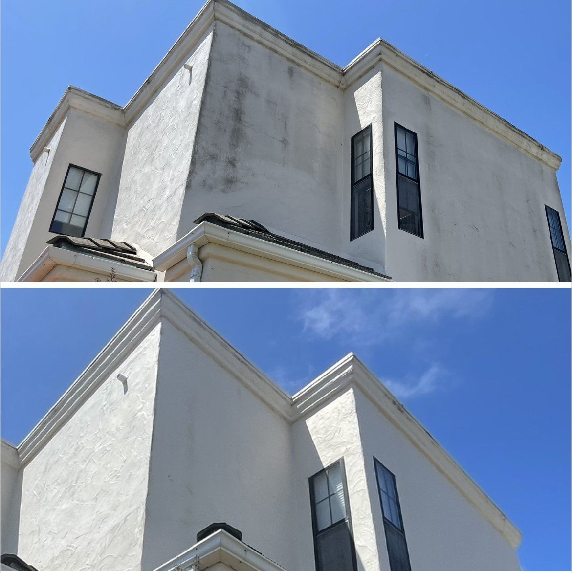 A before and after picture of a white building