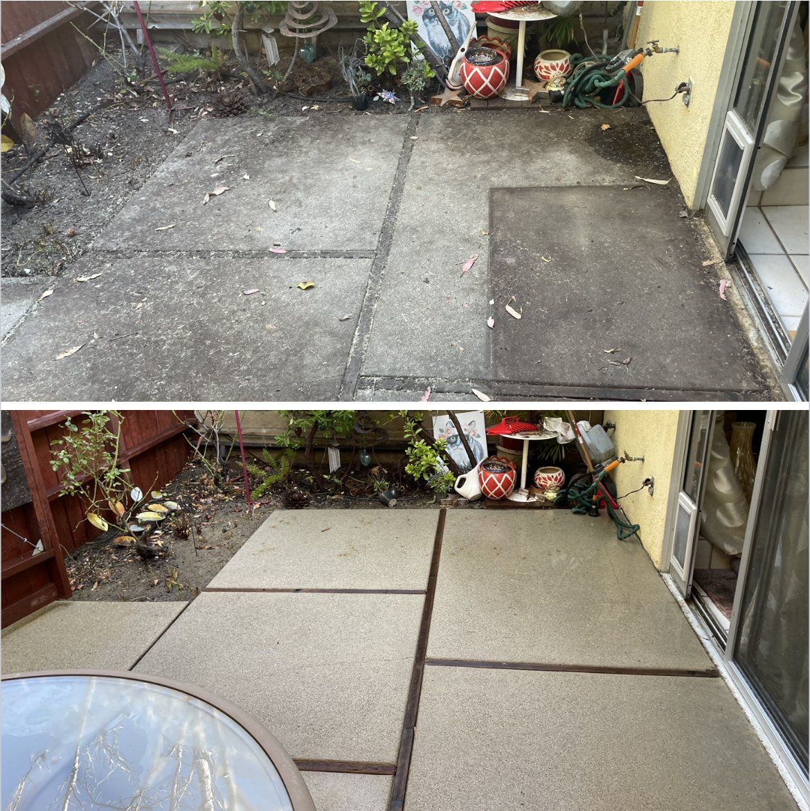 A before and after picture of a patio with a table