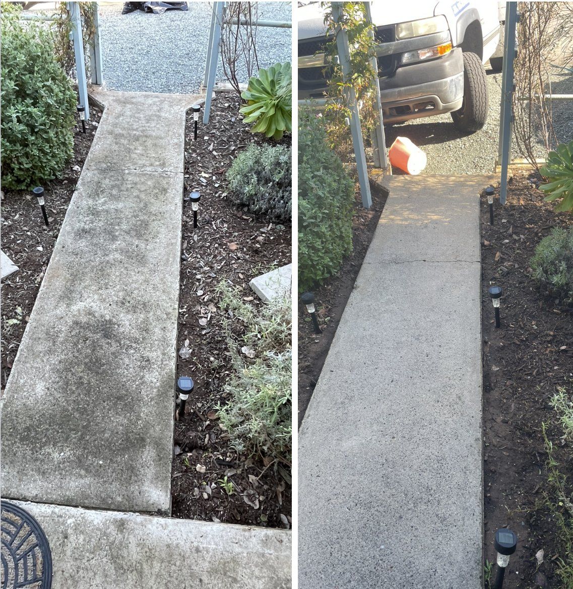 A before and after photo of a concrete walkway