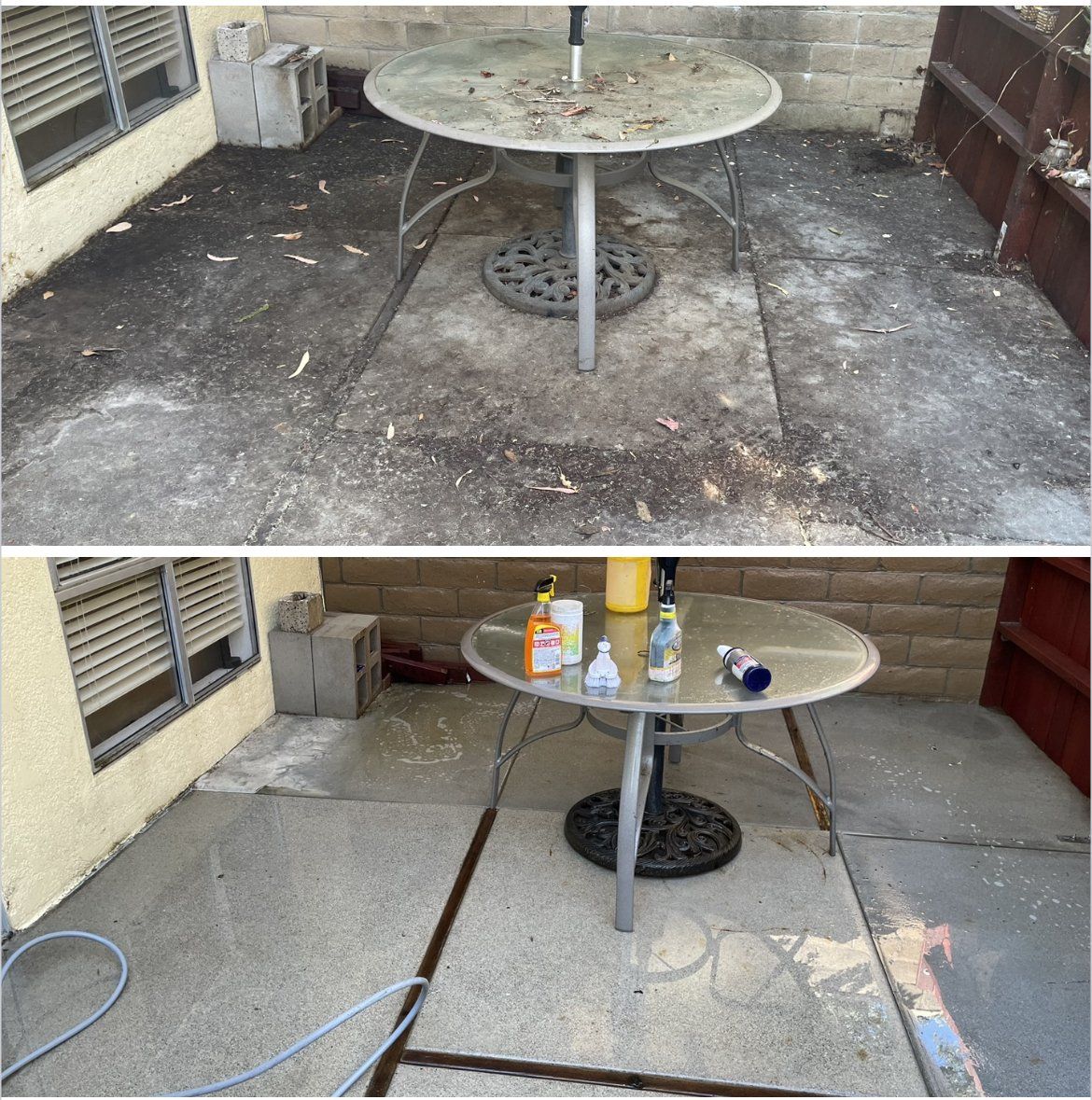 A before and after picture of a table on a patio.