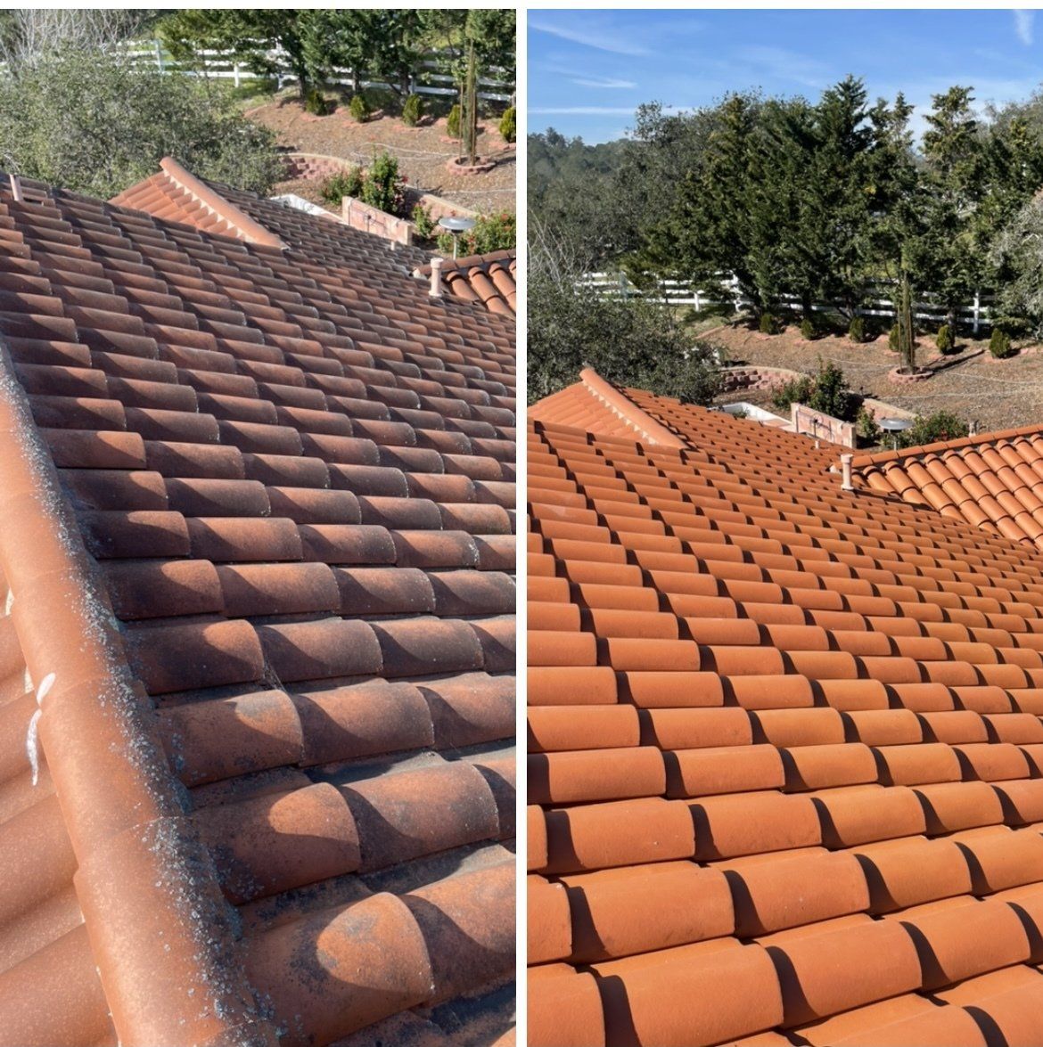 A before and after picture of a tiled roof