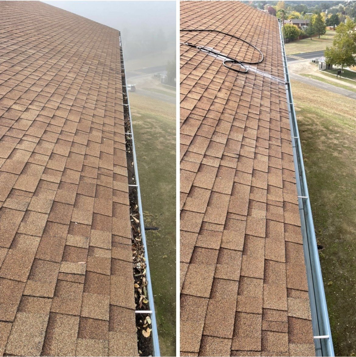 A before and after picture of a gutter on a roof.