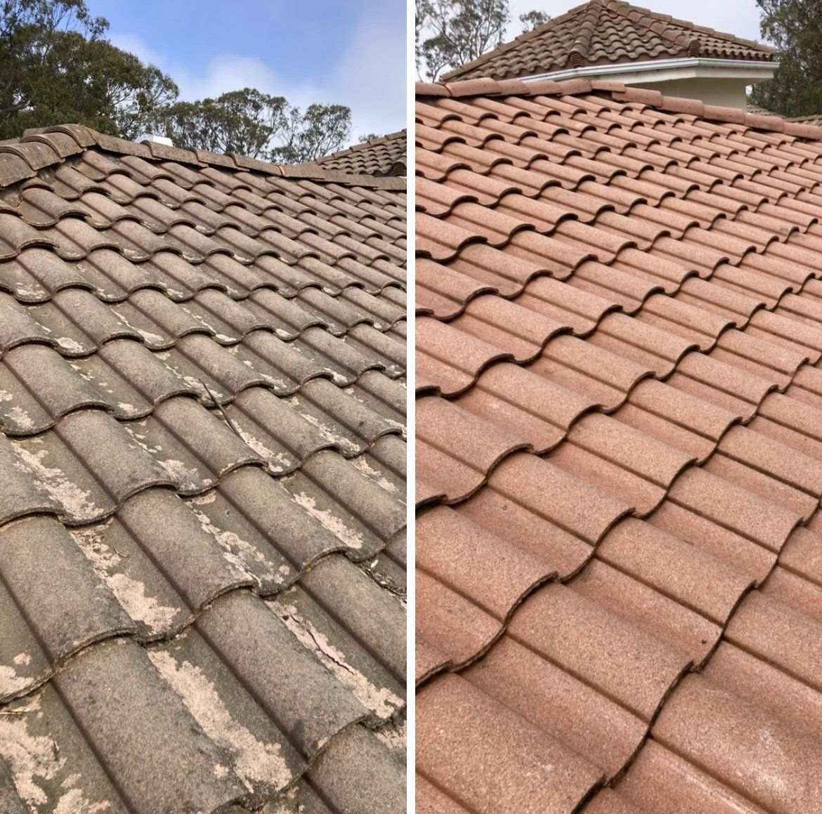 A before and after picture of a tiled roof.