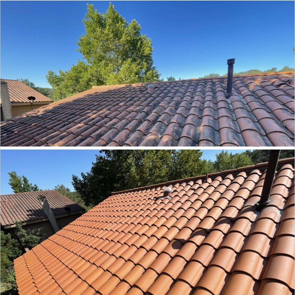 A before and after picture of a tiled roof