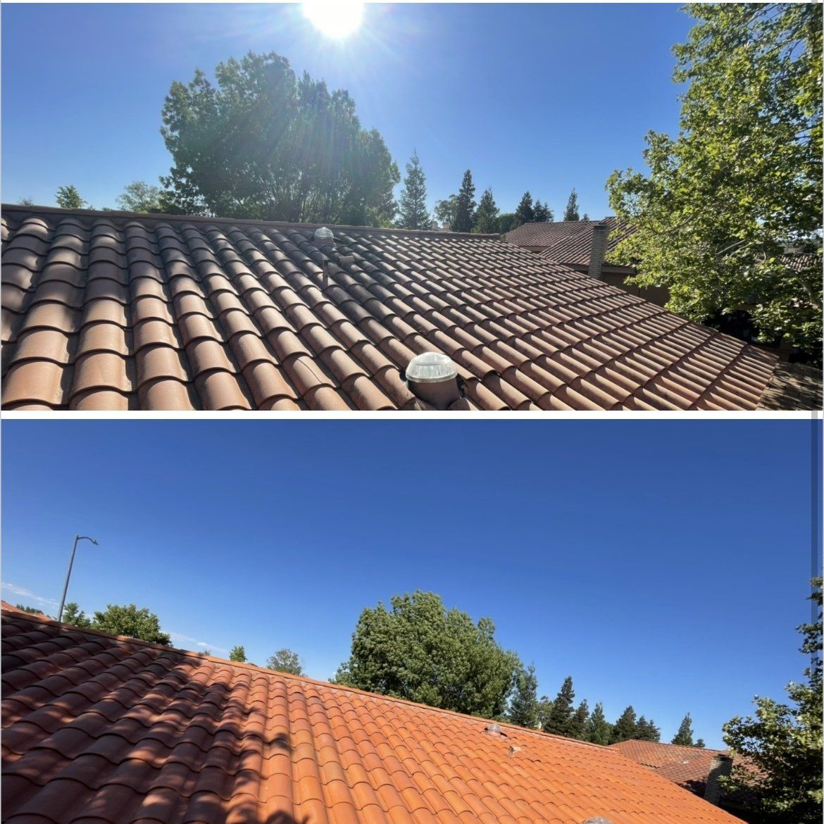 A before and after picture of a tiled roof with trees in the background.