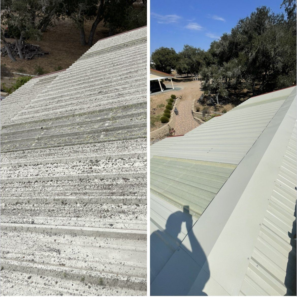 A before and after picture of a roof with trees in the background