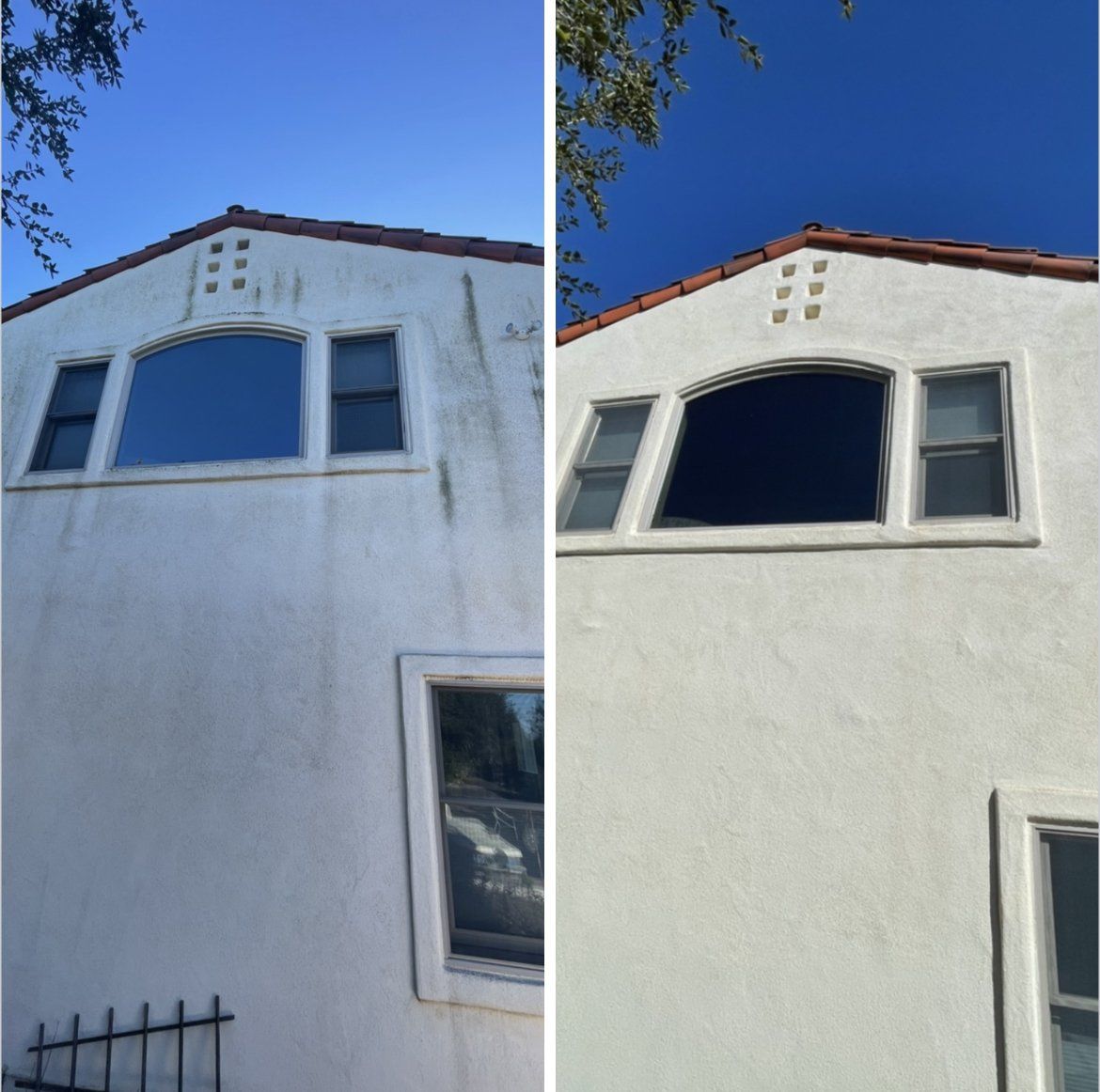 A before and after picture of a white house