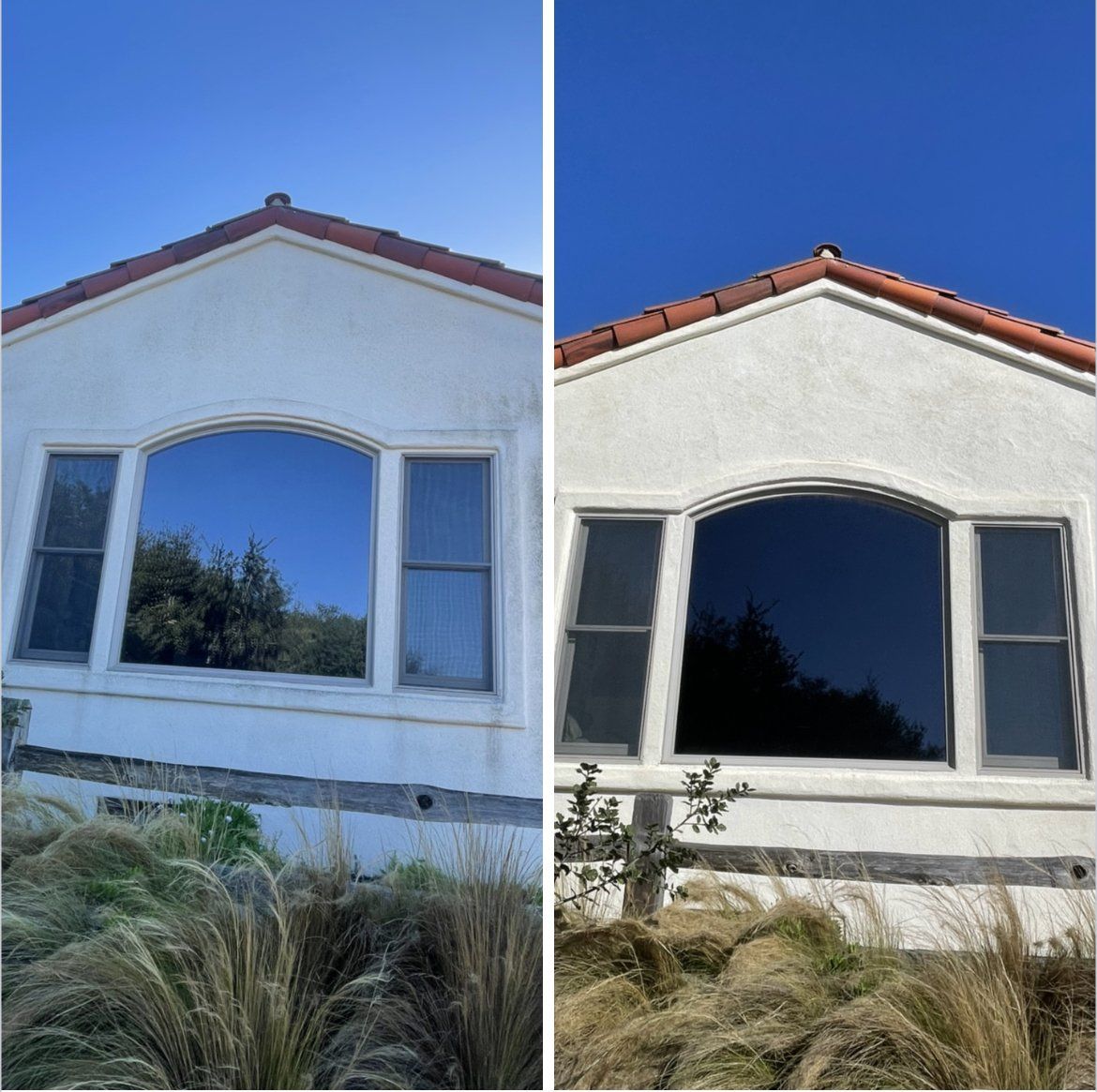A before and after picture of a white house with a red roof
