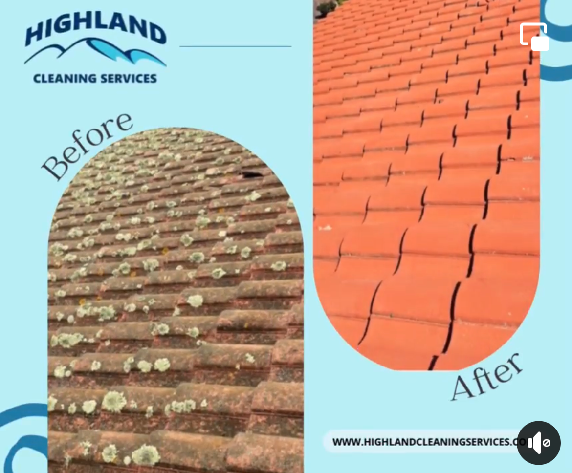A before and after picture of a roof by highland cleaning services