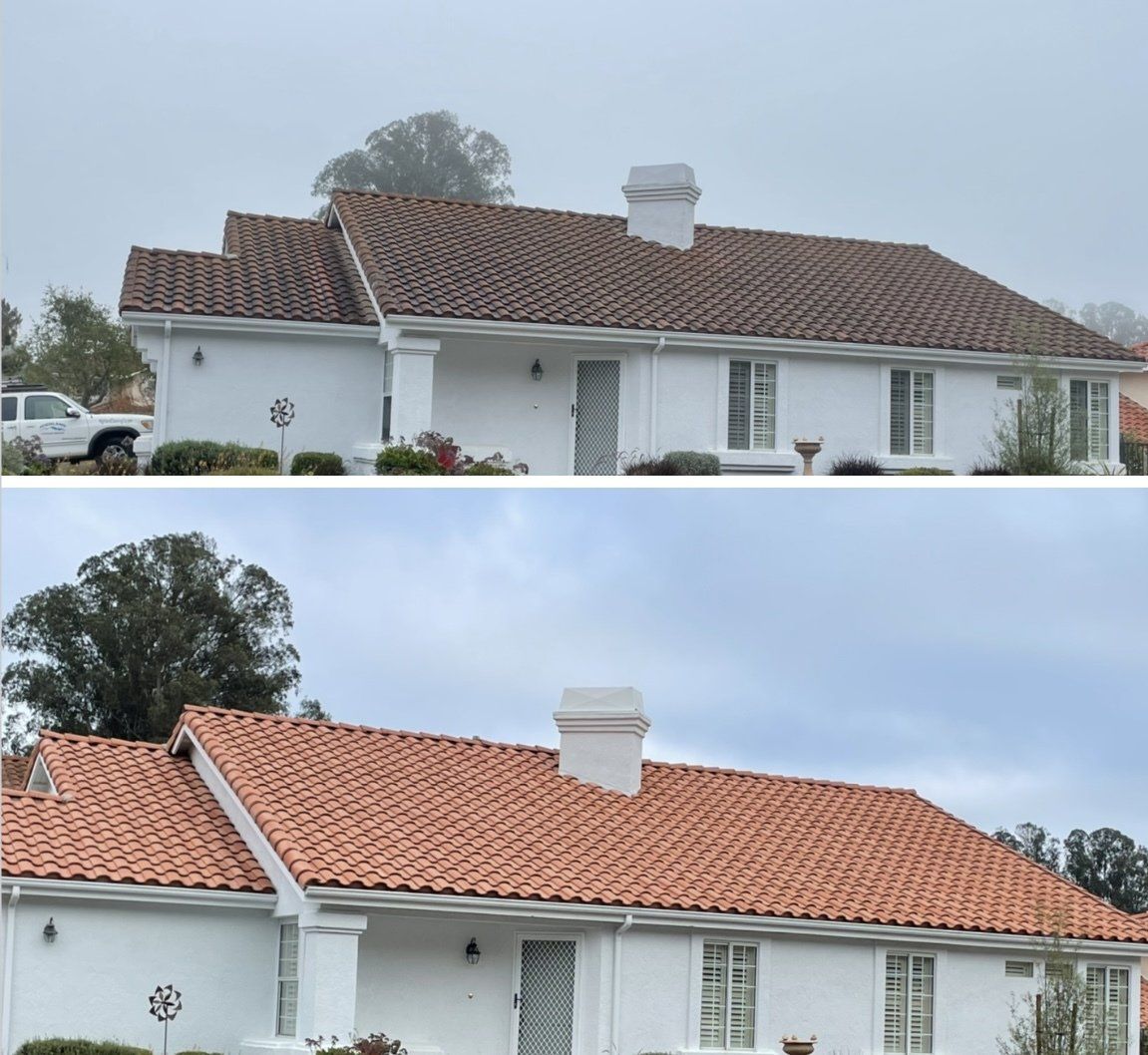 A before and after picture of a white house with a tile roof