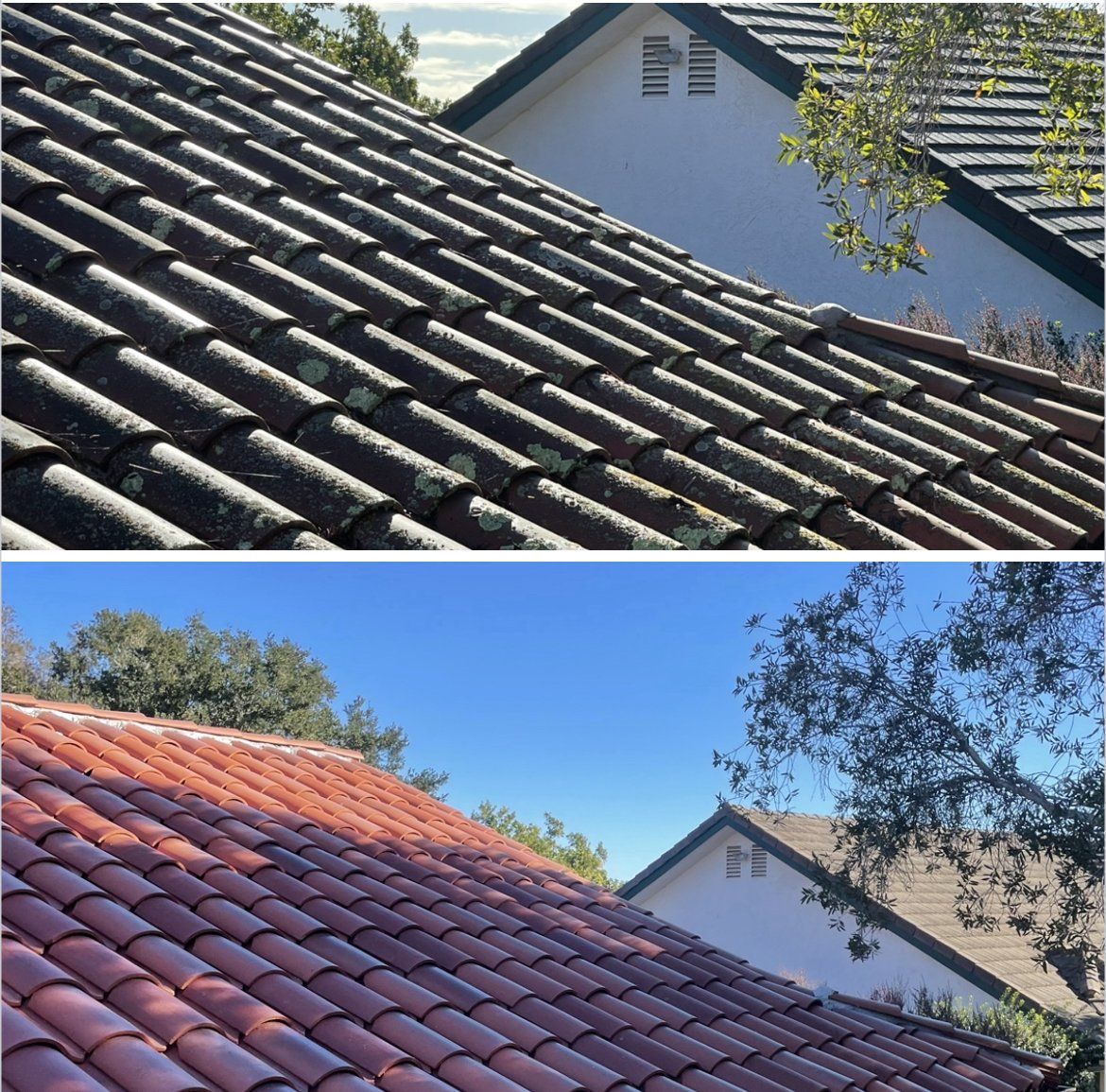 A before and after picture of a tiled roof