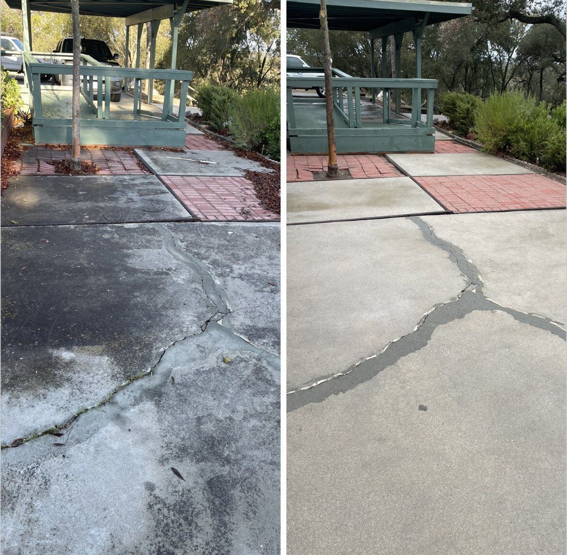 A before and after photo of a concrete driveway