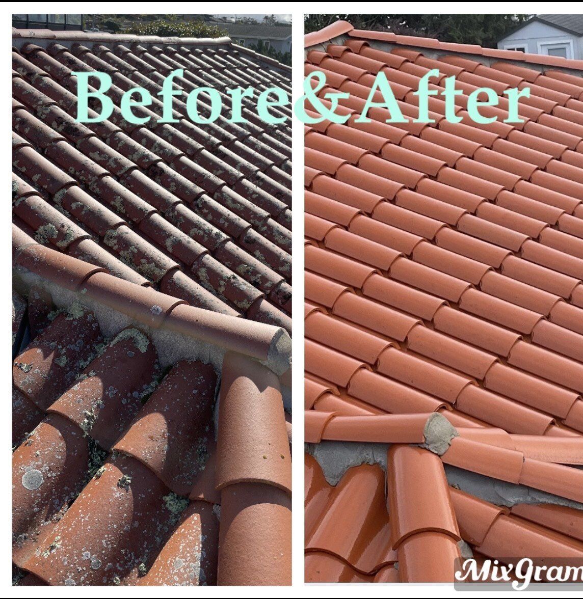 A before and after photo of a tiled roof