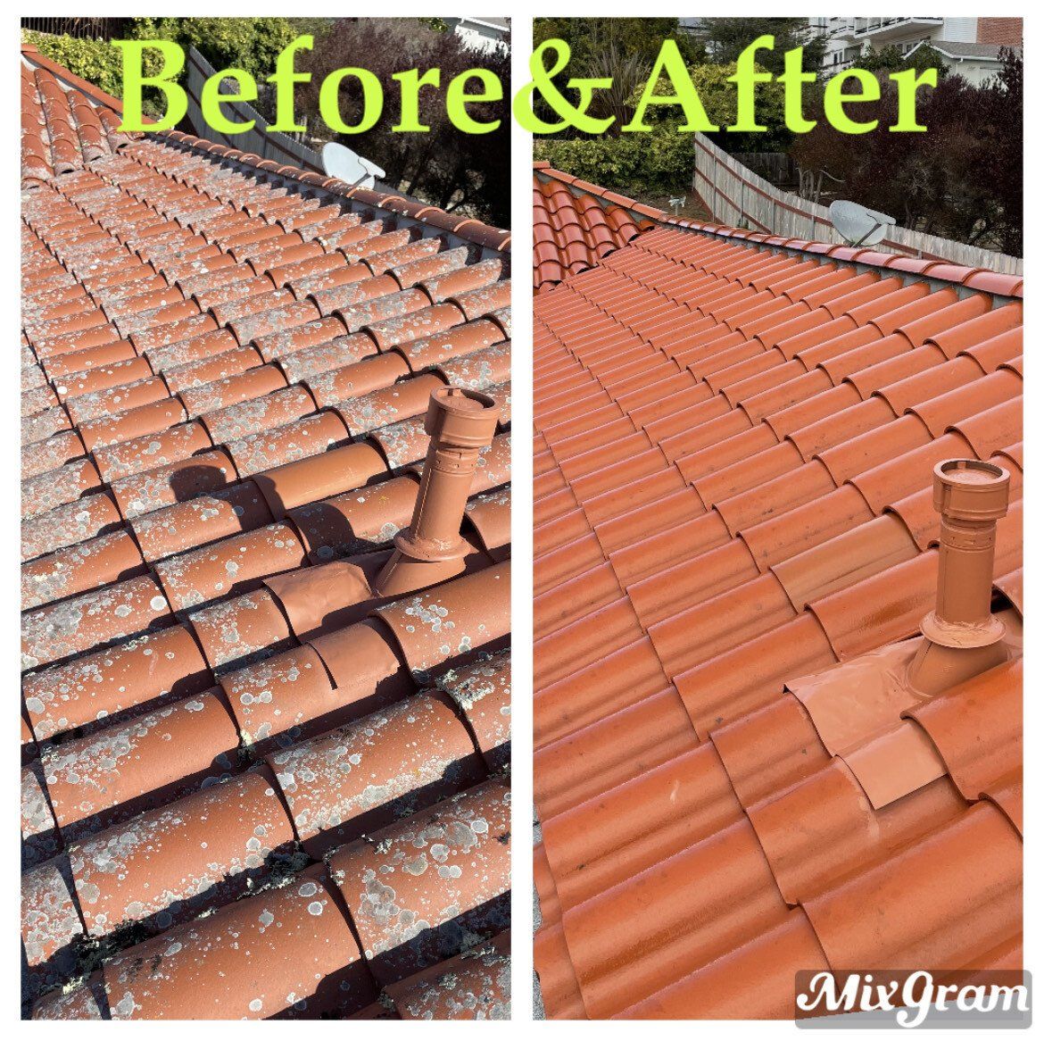 A before and after photo of a tiled roof.