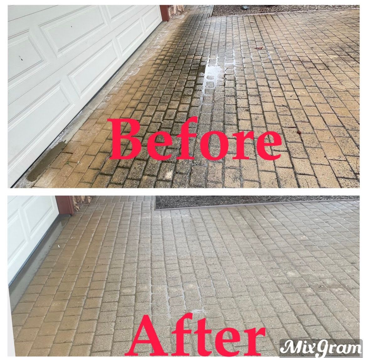 A before and after photo of a brick walkway