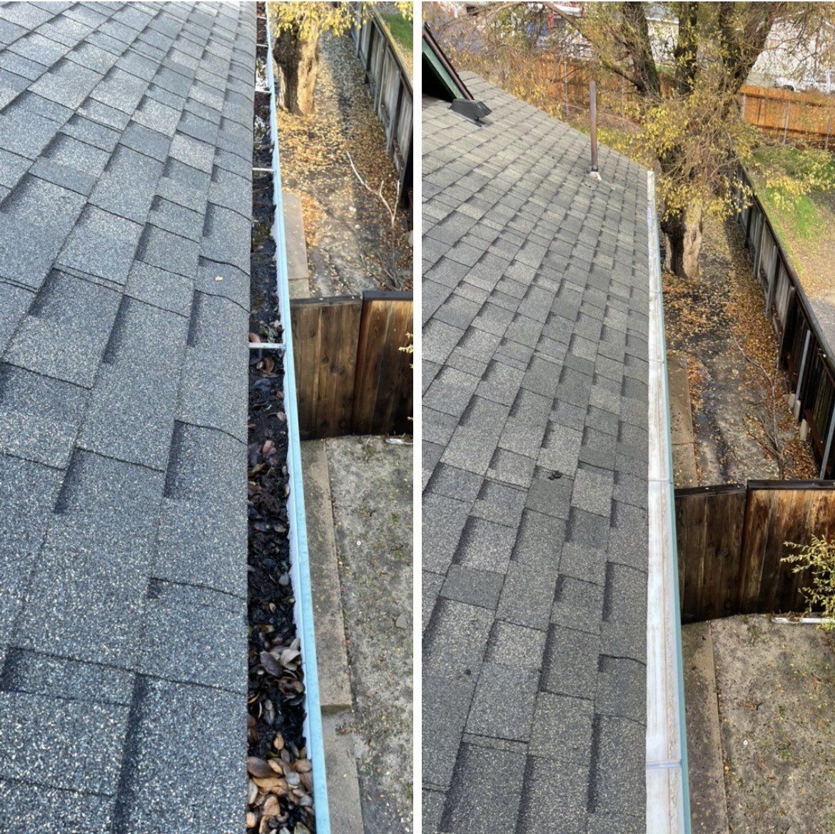 A before and after picture of a gutter on a roof.