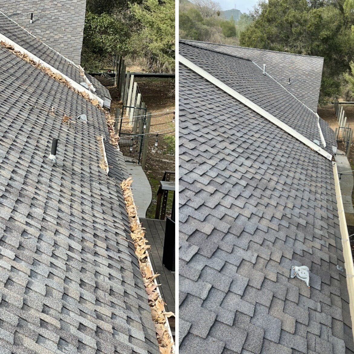 A before and after picture of a roof with a gutter.