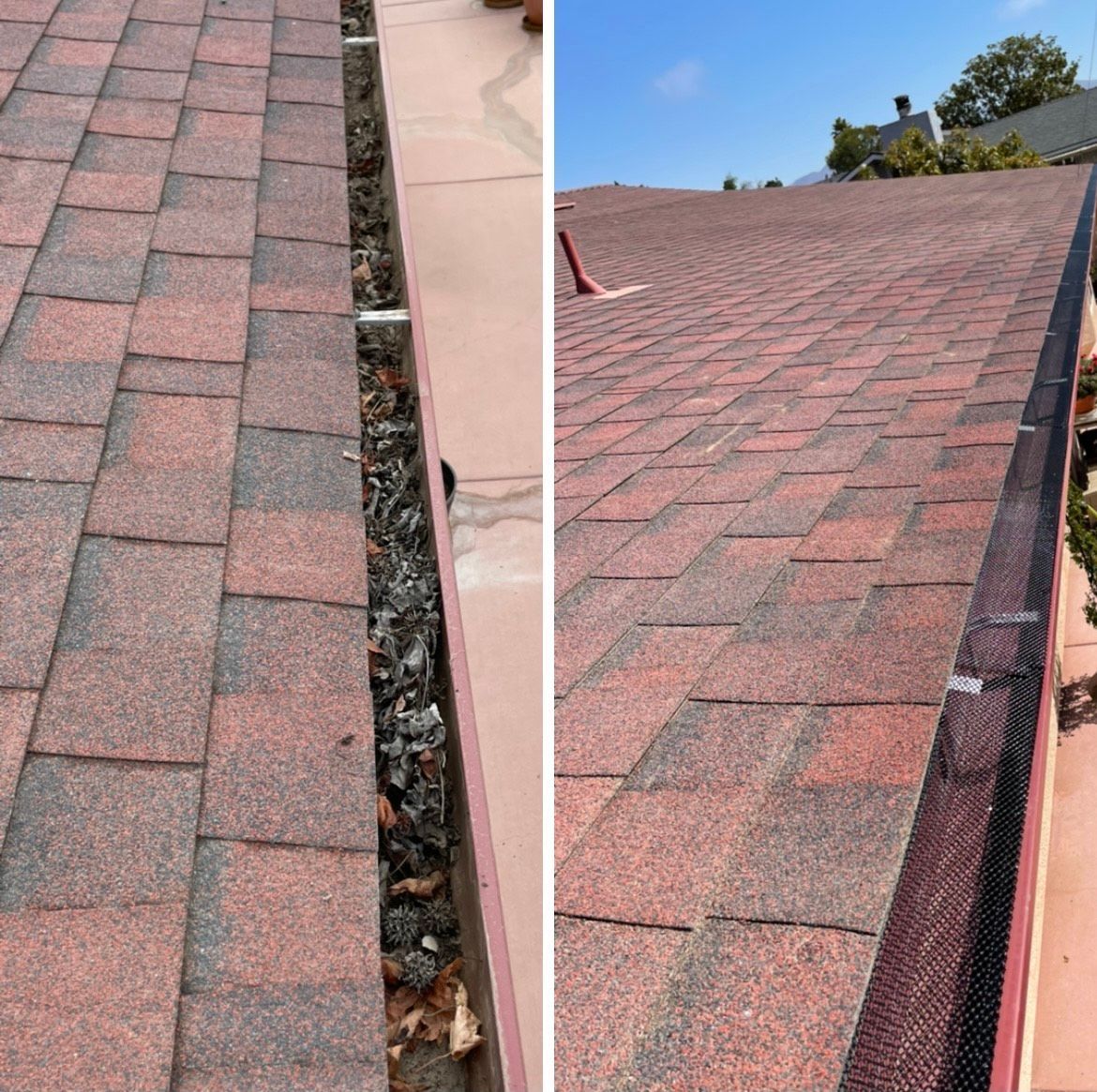 A before and after picture of a gutter on a roof.