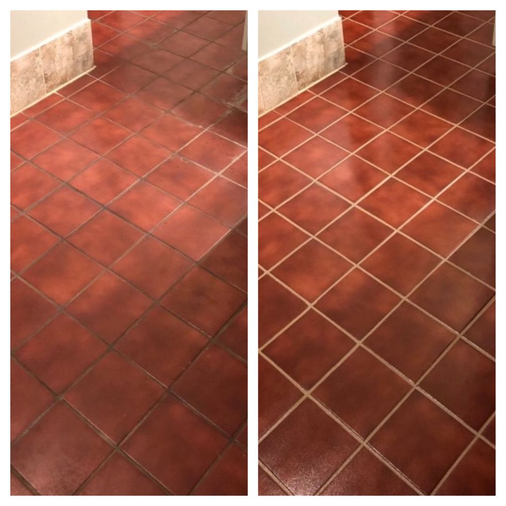 A before and after photo of a tile floor.