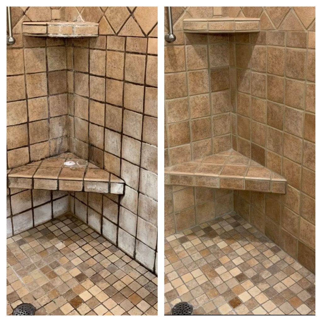 A before and after photo of a tiled shower with a bench.