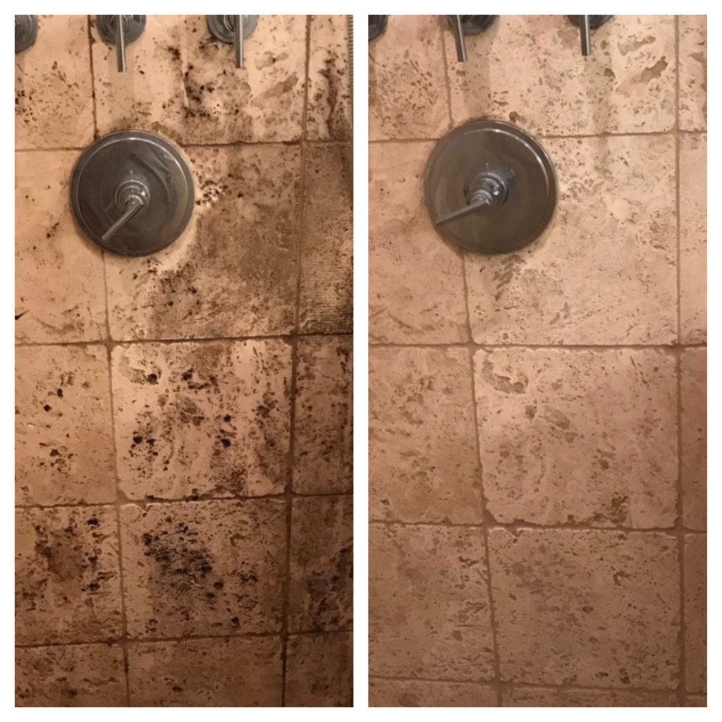 A before and after picture of a dirty shower tile.