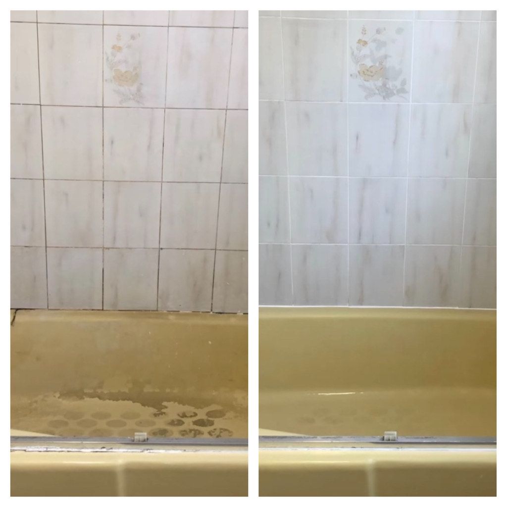 There is a before and after picture of a bathtub.