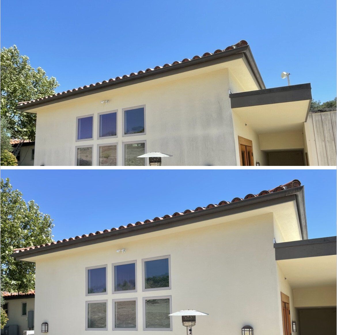 A before and after picture of a white house