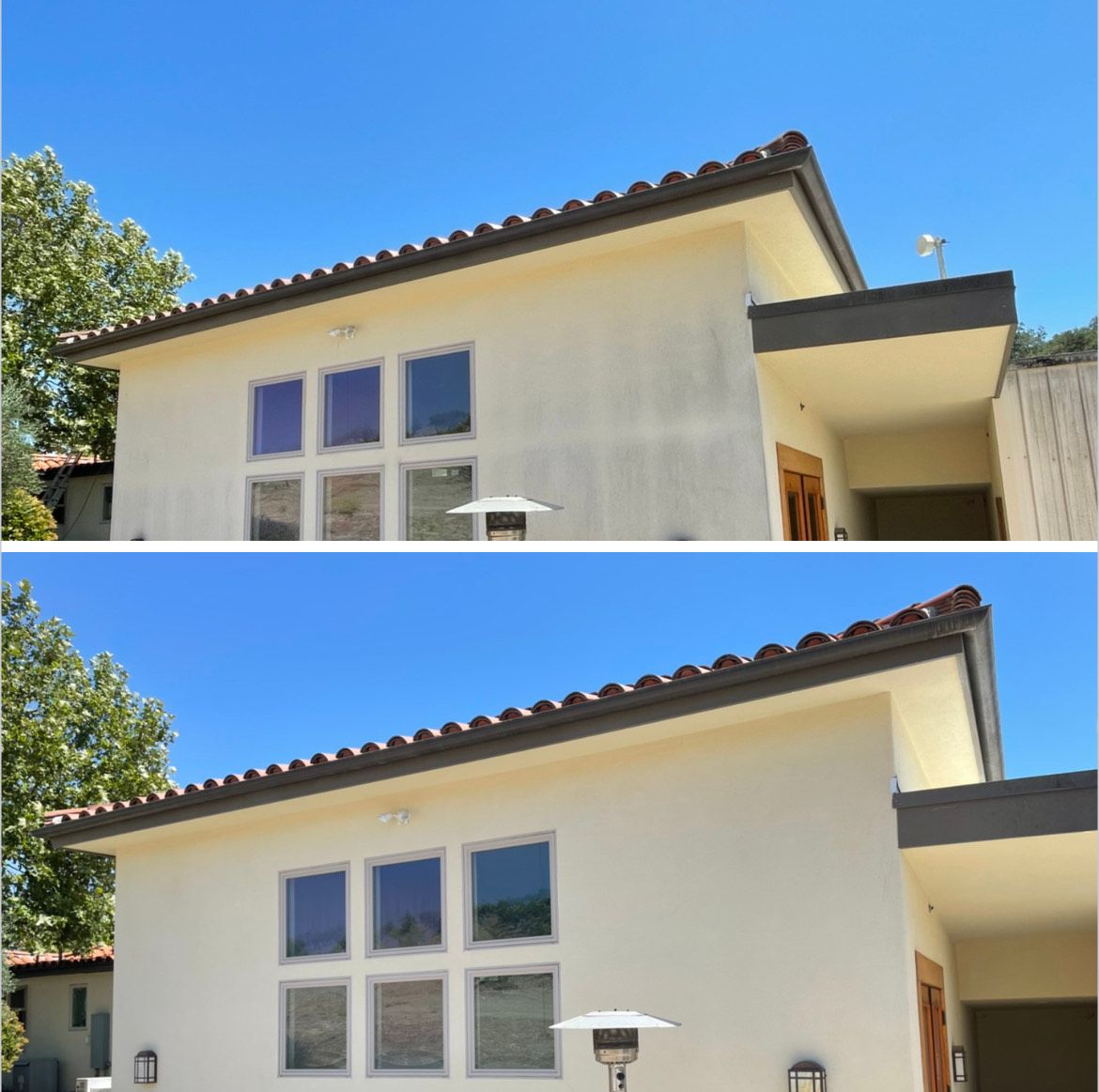 A before and after picture of a white house