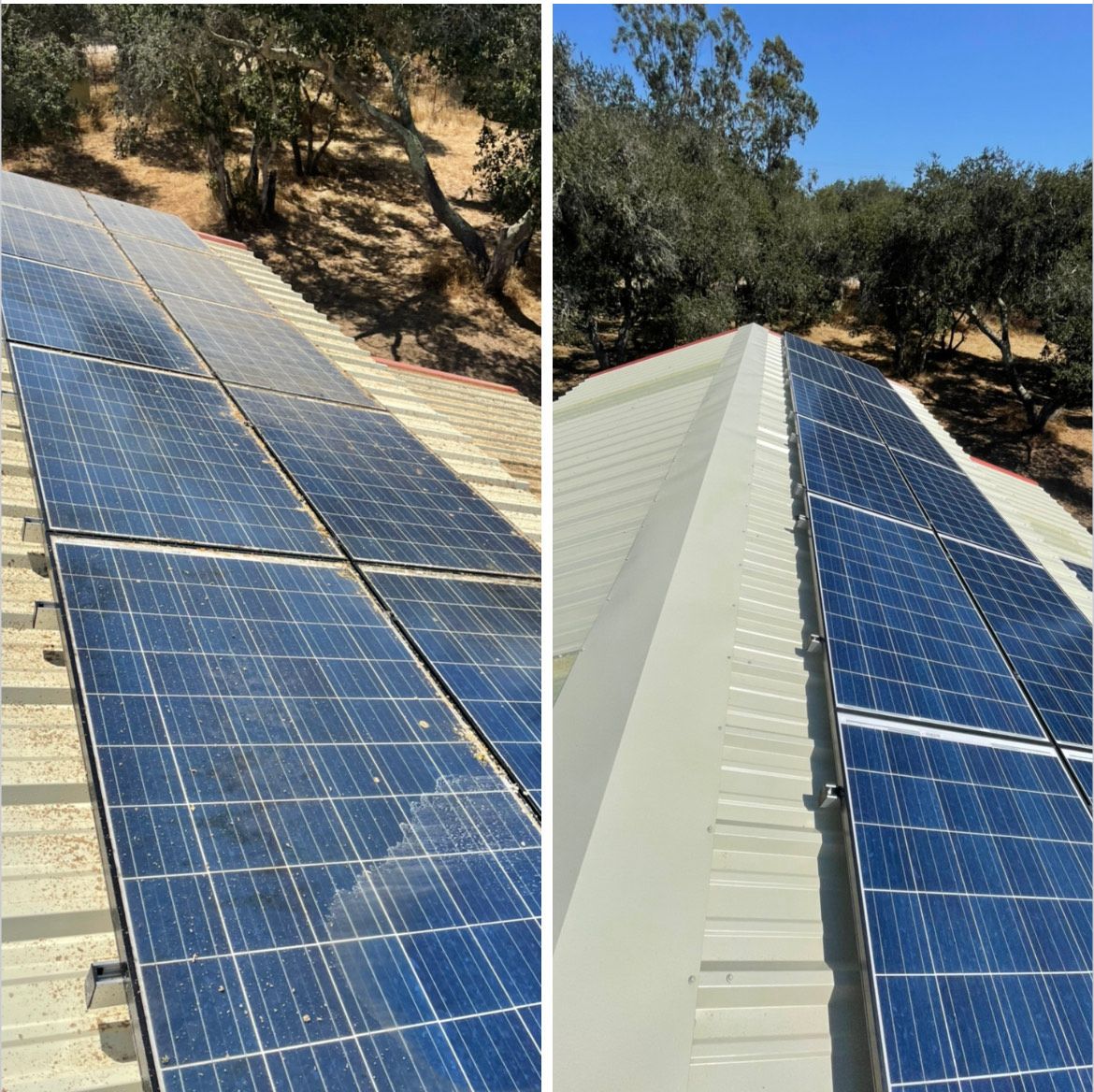 Two pictures of a roof with solar panels on it