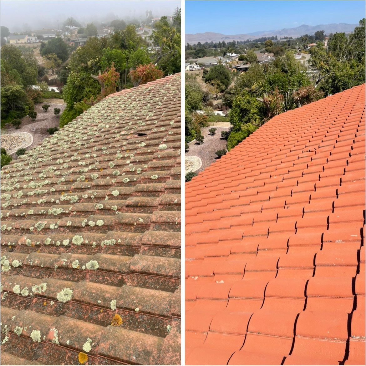 A before and after picture of a roof with moss on it.
