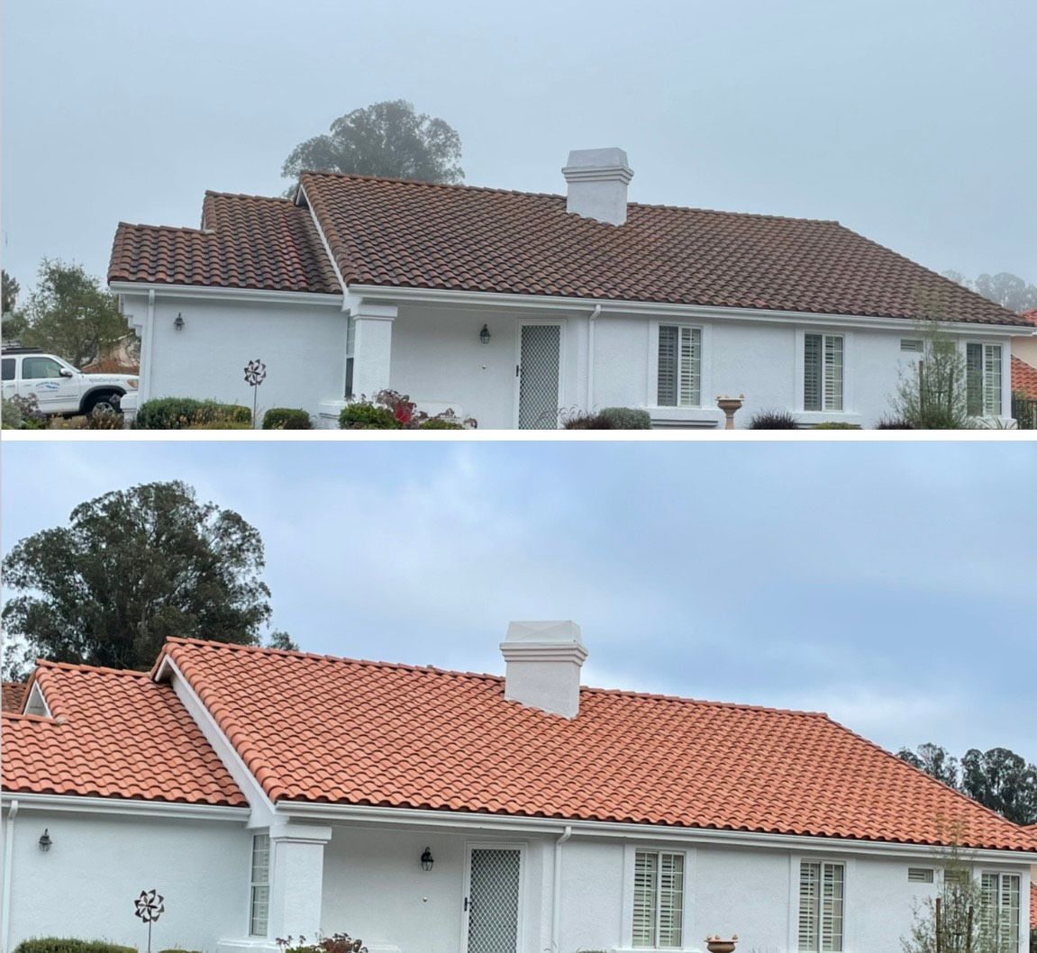 A before and after photo of a white house with a tiled roof