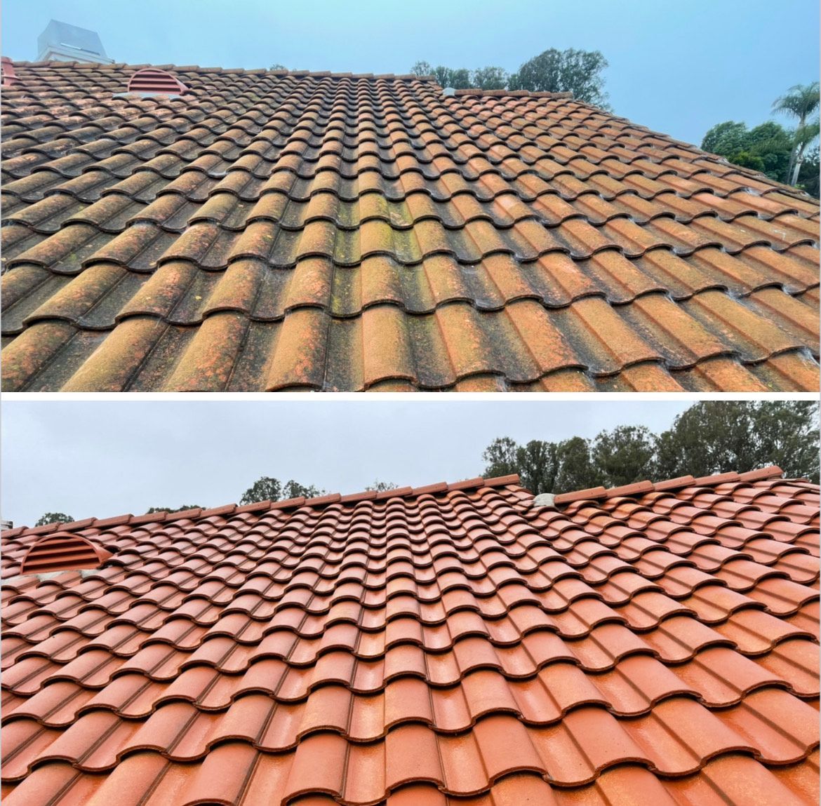 A before and after picture of a tiled roof.
