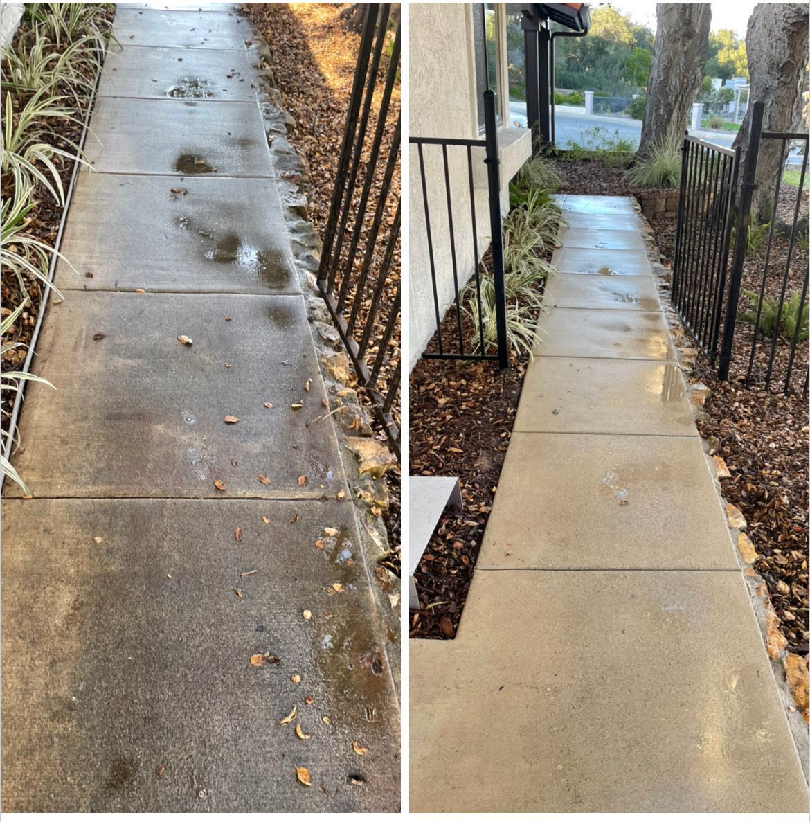 A before and after picture of a sidewalk that has been cleaned.