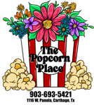 Logo for The Popcorn Place with a popcorn bucket of flowers, popcorn, and a phone number.