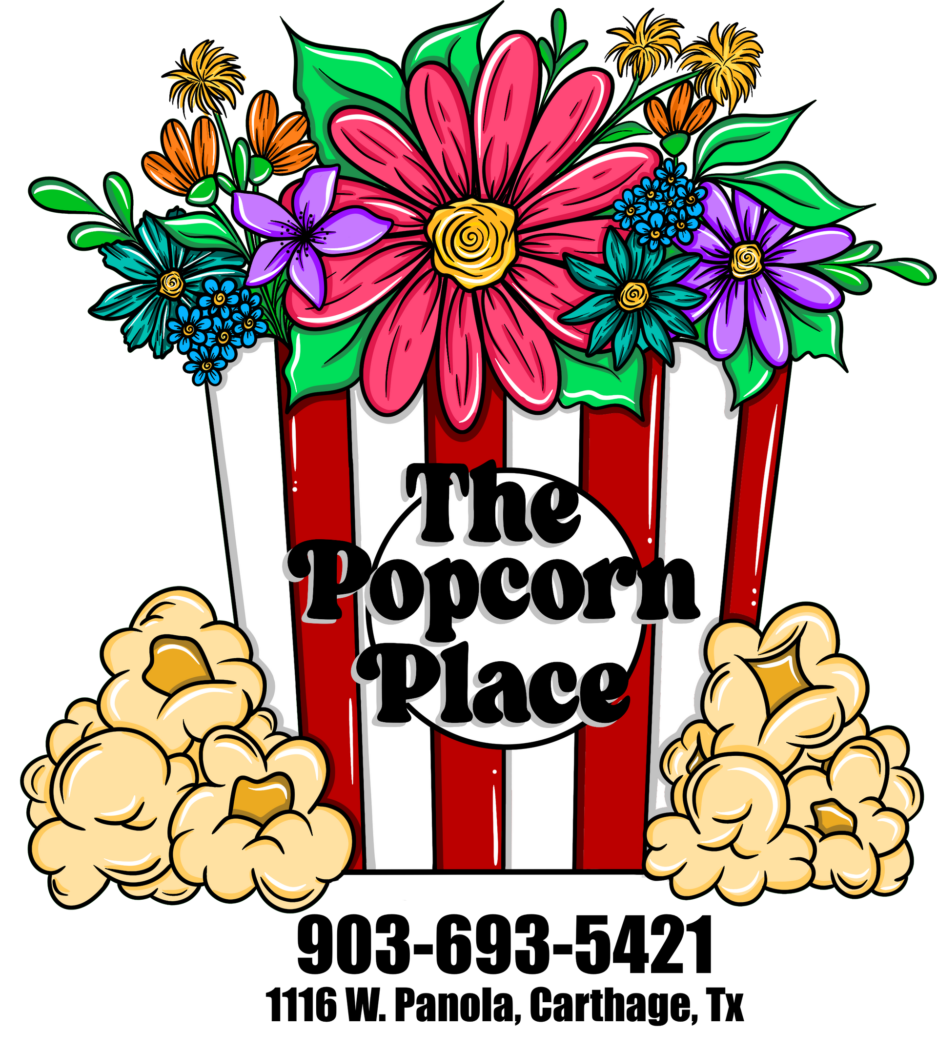 Logo for The Popcorn Place with a popcorn bucket of flowers, popcorn, and a phone number.