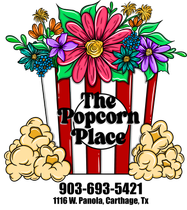 Logo for The Popcorn Place with a popcorn bucket of flowers, popcorn, and a phone number.