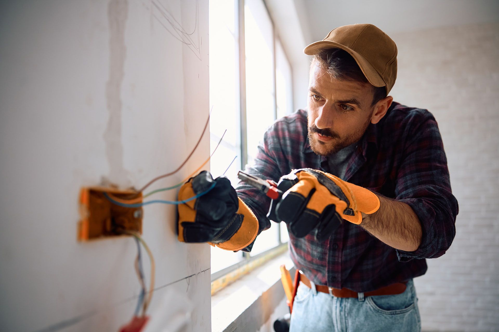 An electrician is wiring an electrical box, wearing gloves and a cap