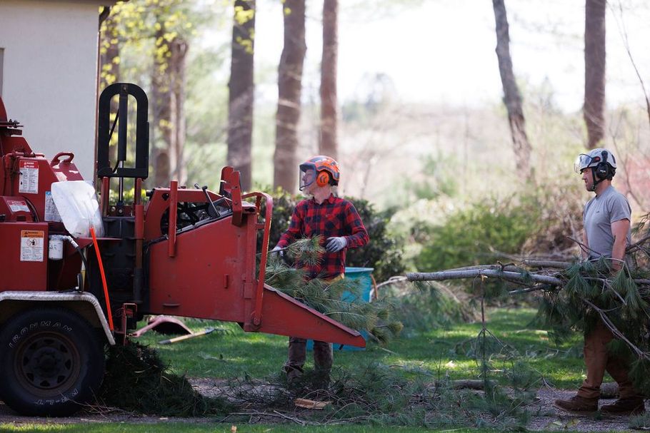 A group of people are working on a tree chipper in the woods.