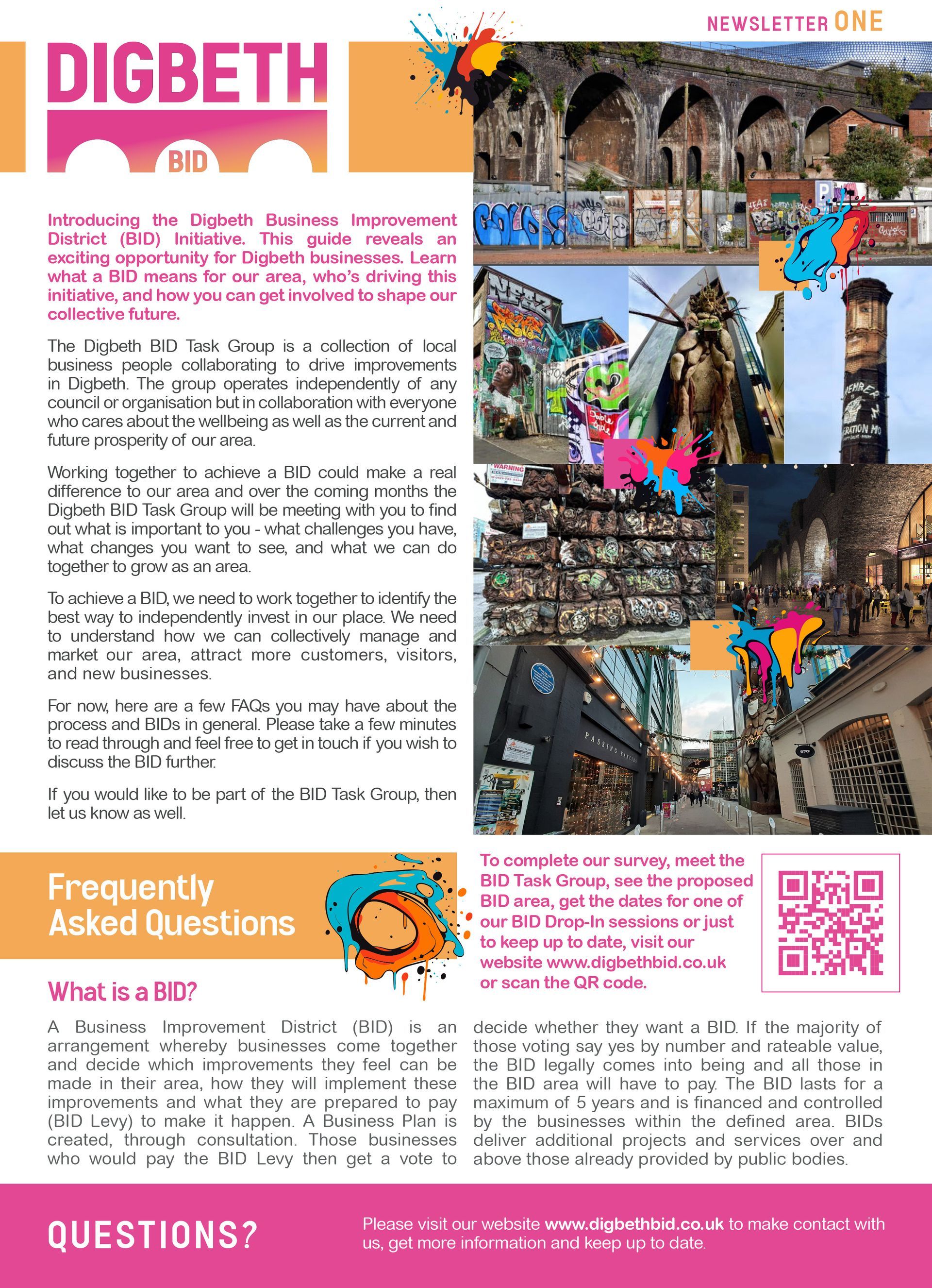 Digbeth newsletter featuring a collage of street art and text about the area, with a QR code.