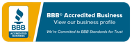 BBB Accredited Business logo, blue and white, torch symbol, text.